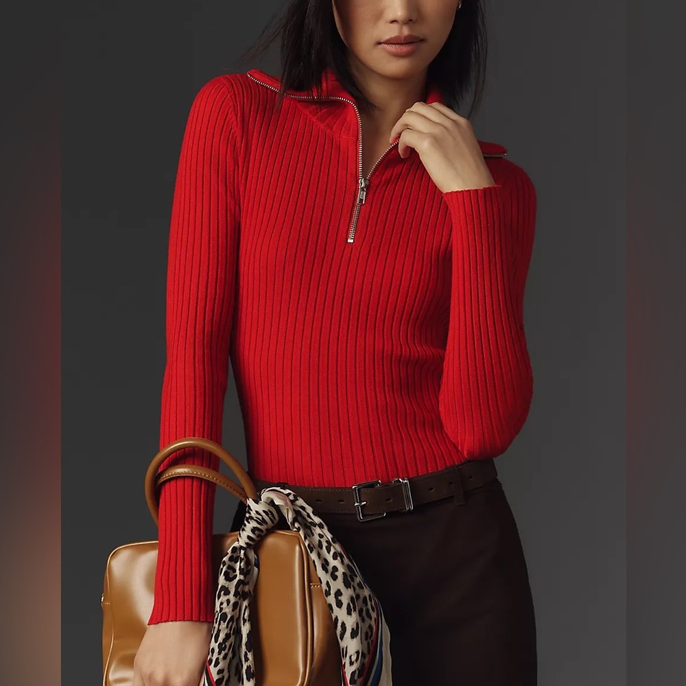 Anthropologie‎ Maeve Red Ribbed Fitted Half-Zip Sweater